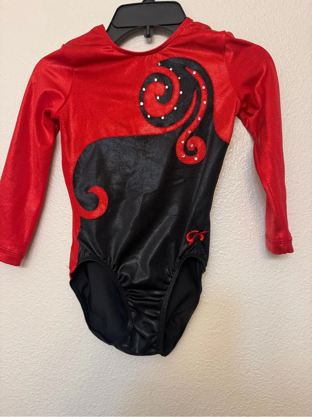 GK elite gymnastics competition leotard long sleeve red black crystals MC-Medium